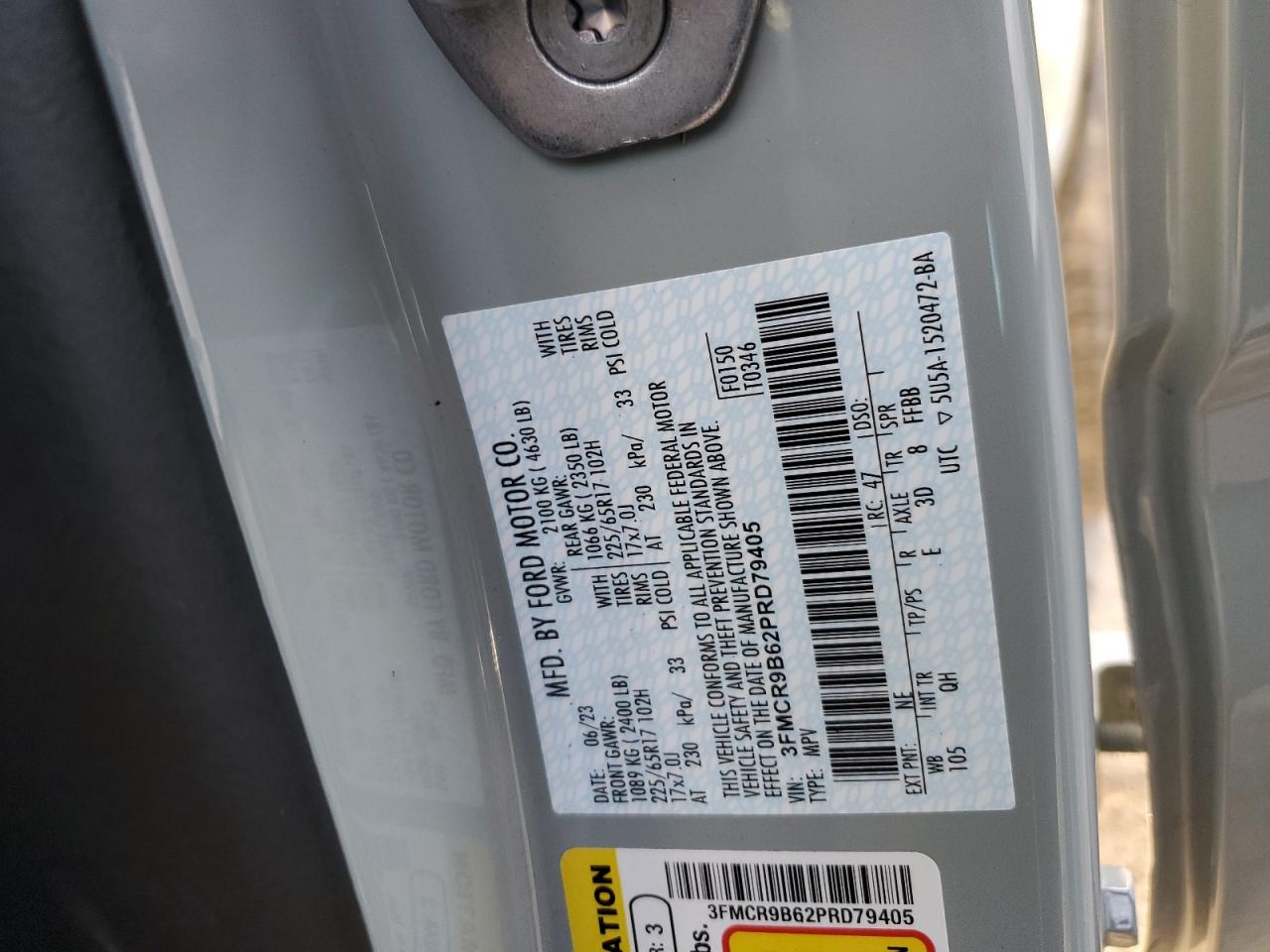 2023 FORD BRONCO SPORT BIG BEND VIN:3FMCR9B62PRD79405