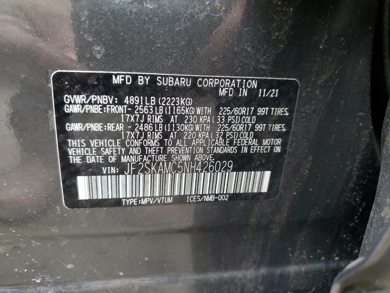 2022 SUBARU FORESTER WILDERNESS VIN:JF2SKAMC5NH426029