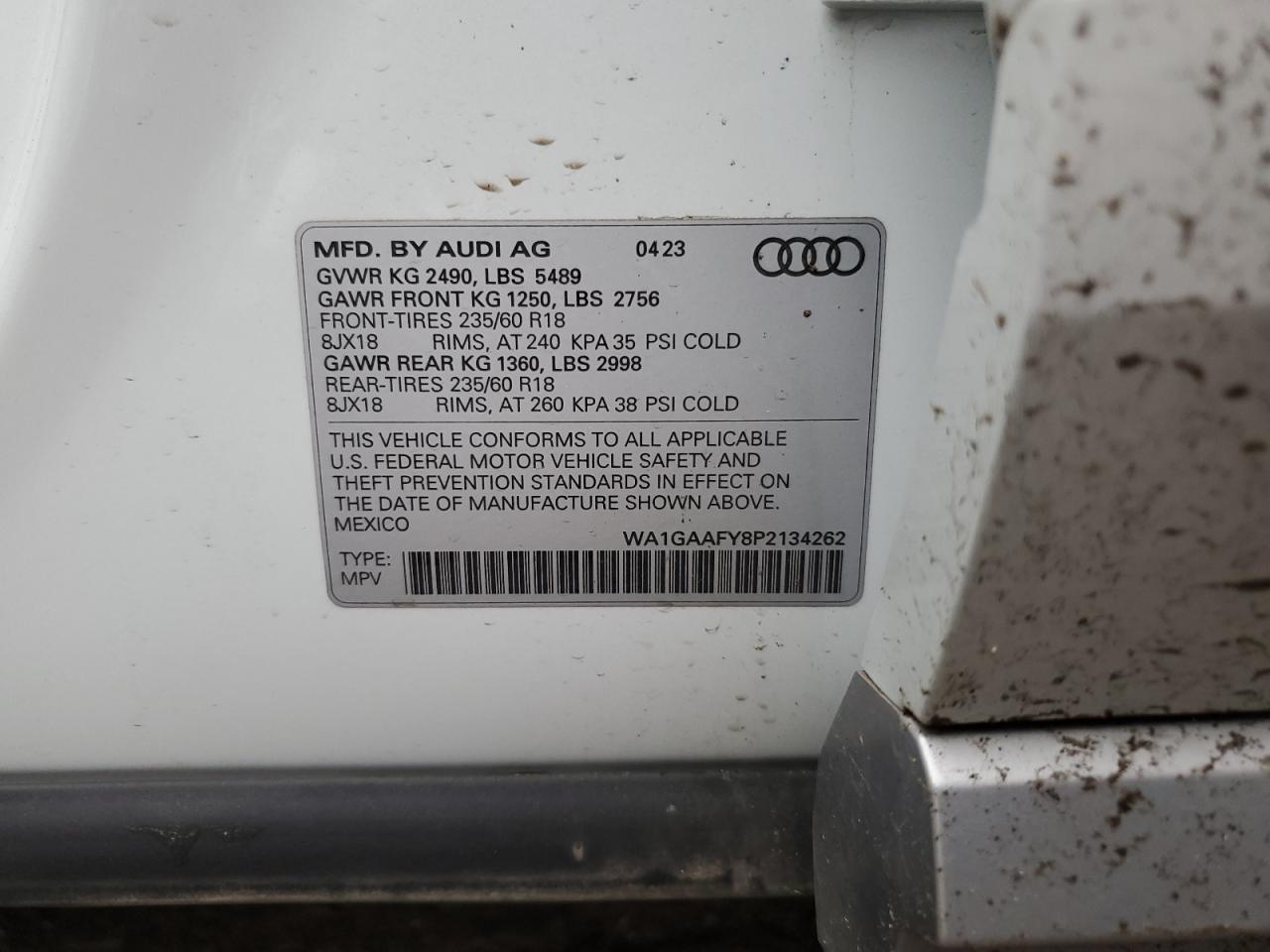 2023 AUDI Q5 PREMIUM 45 VIN:WA1GAAFY8P2134262