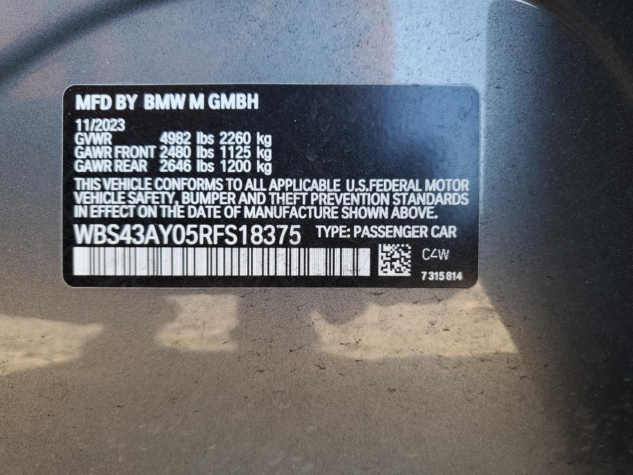 2024 BMW M3 COMPETITION VIN:WBS43AY05RFS18375