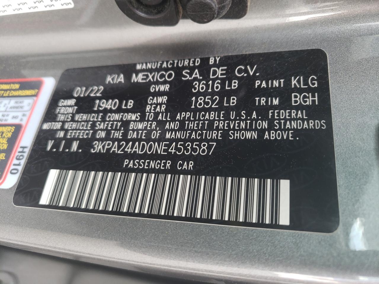 2022 KIA RIO LX VIN:3KPA24AD0NE453587