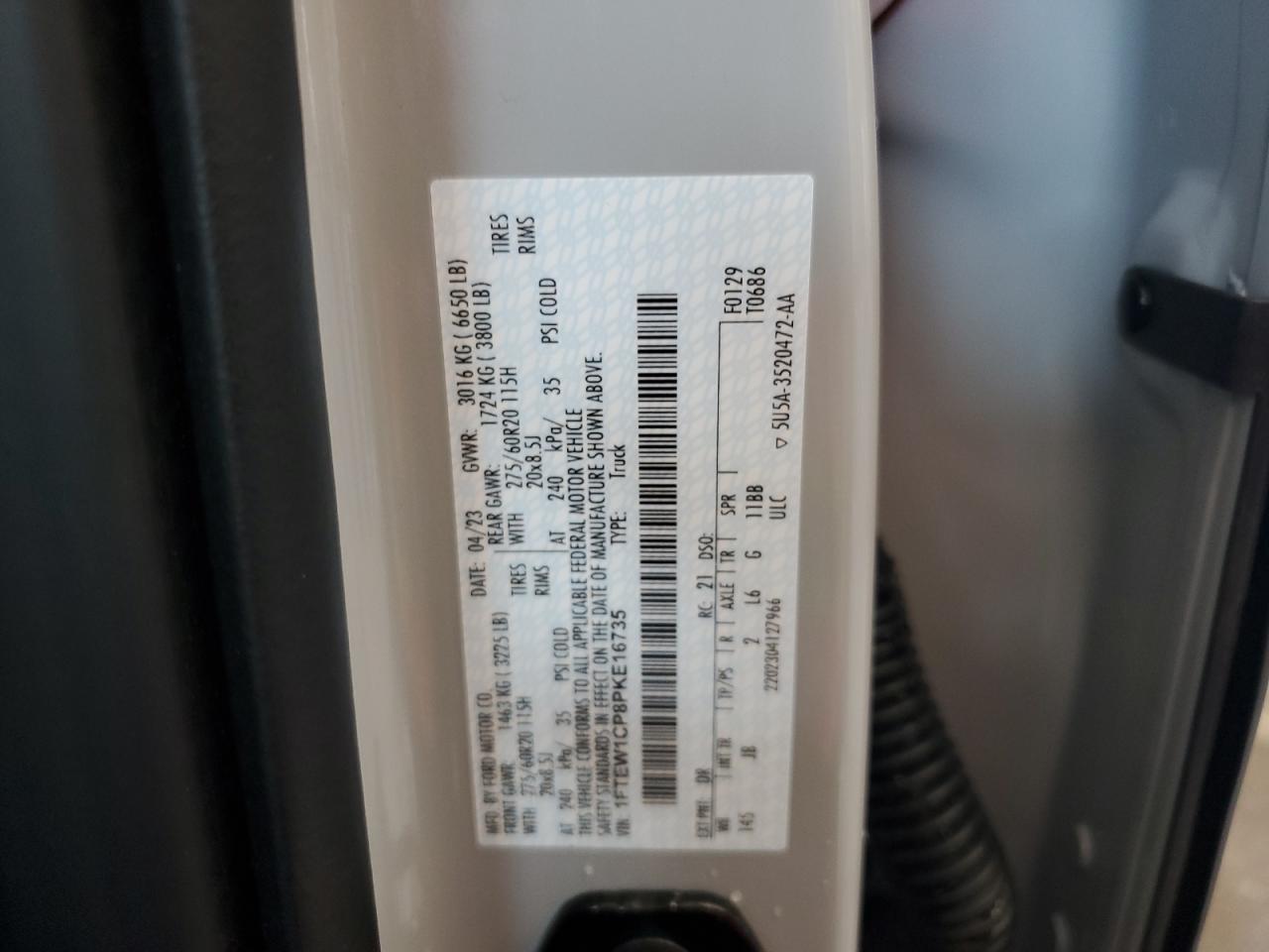 2023 FORD F150 SUPERCREW VIN:1FTEW1CP8PKE16735