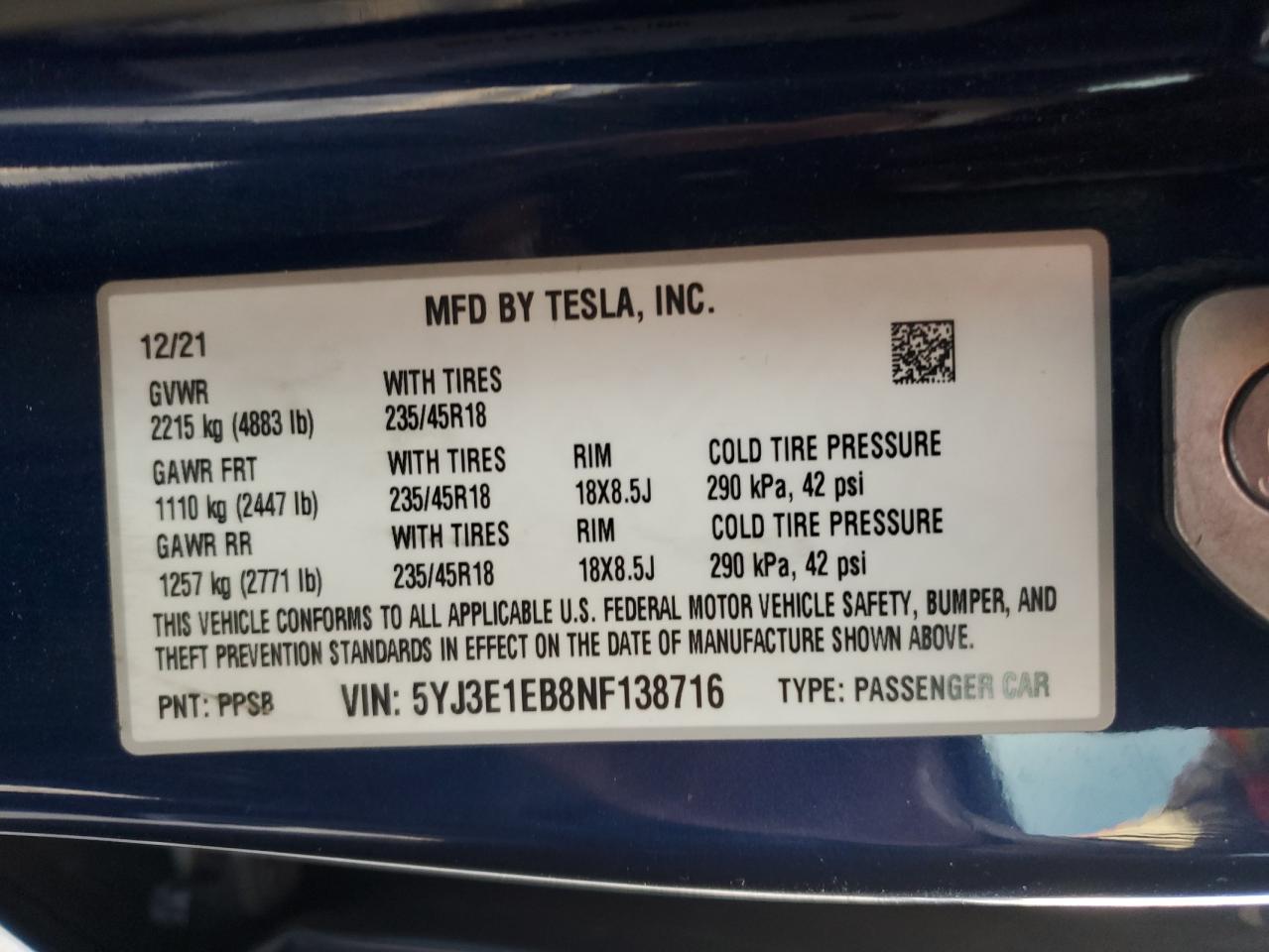 2022 TESLA MODEL 3  VIN:5YJ3E1EB8NF138716