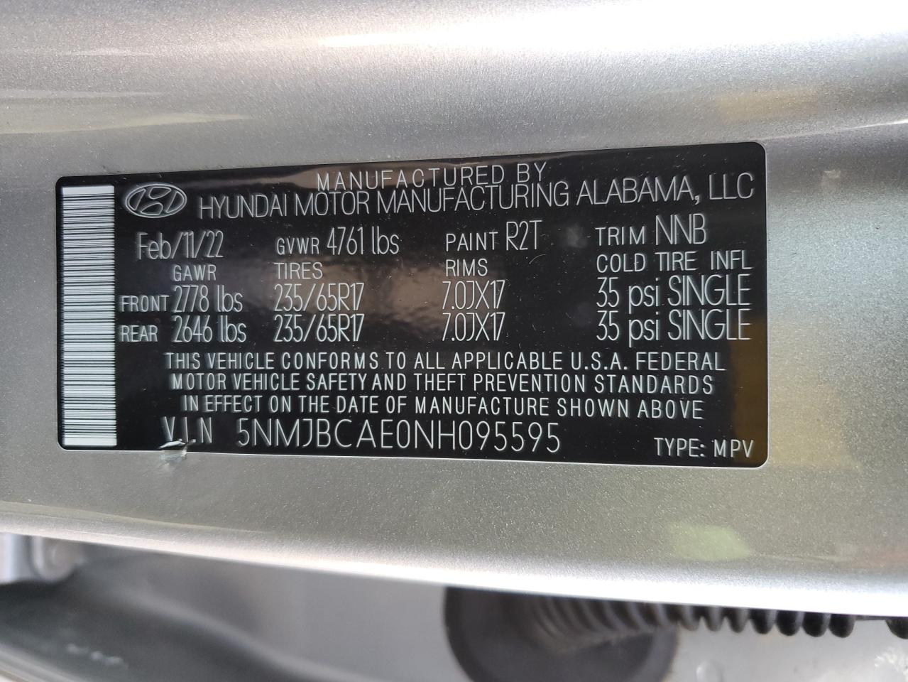 2022 HYUNDAI TUCSON SEL VIN:5NMJBCAE0NH095595