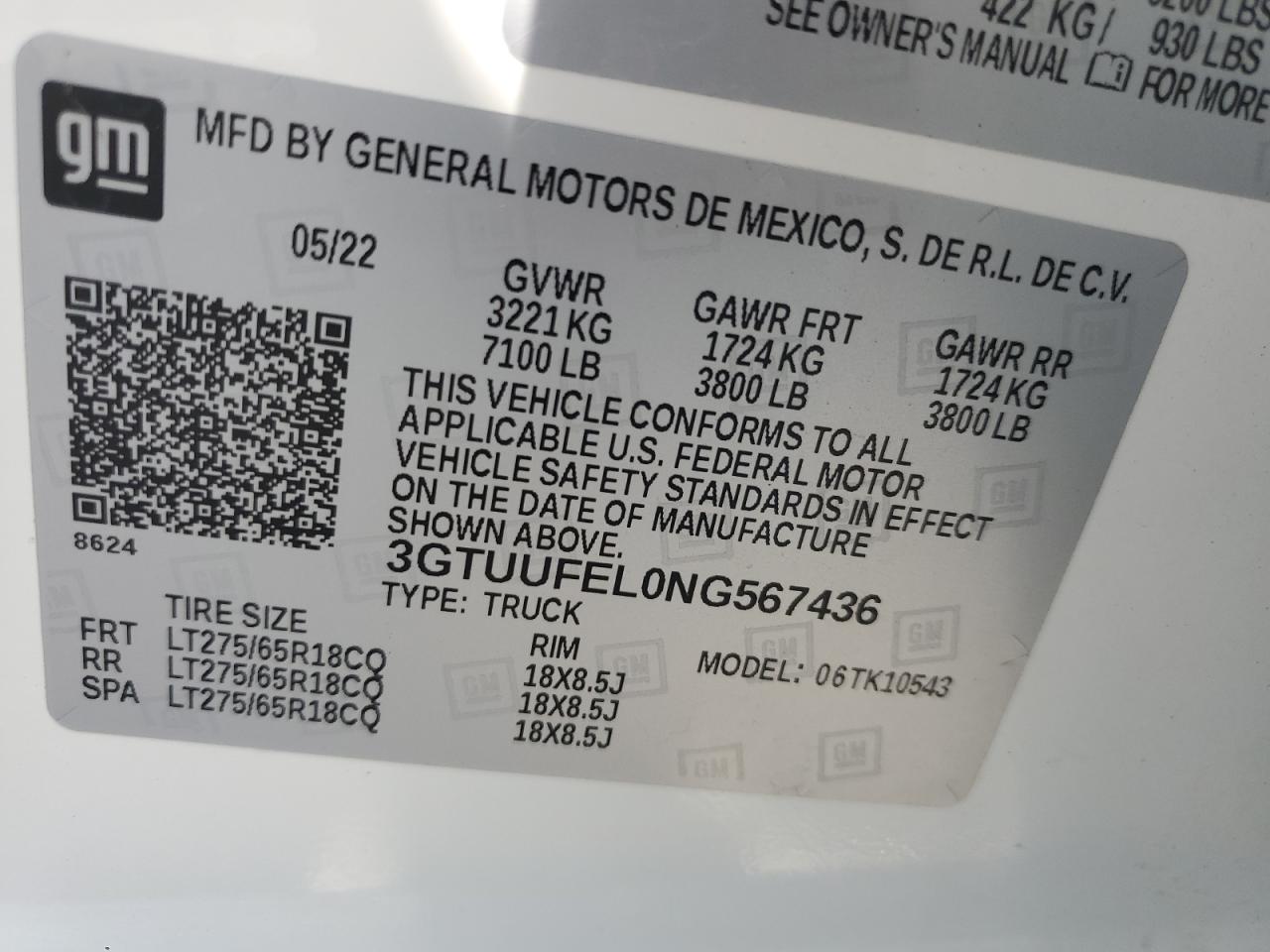 2022 GMC SIERRA K1500 AT4X VIN:3GTUUFEL0NG567436
