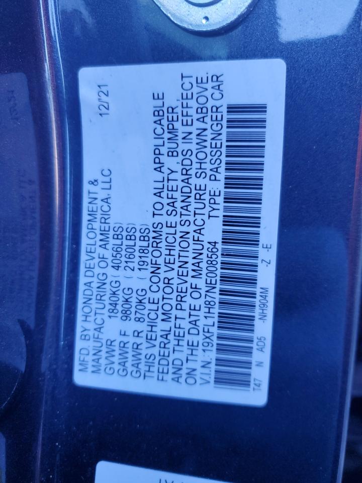 2022 HONDA CIVIC SPORT TOURING VIN:19XFL1H87NE008564