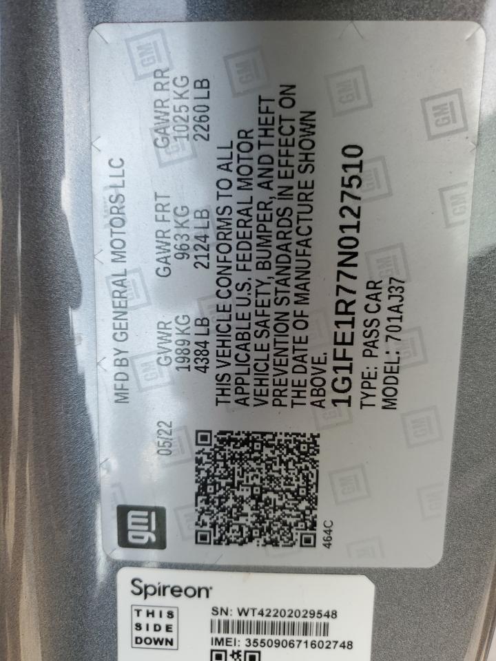 2022 CHEVROLET CAMARO LT1 VIN:1G1FE1R77N0127510