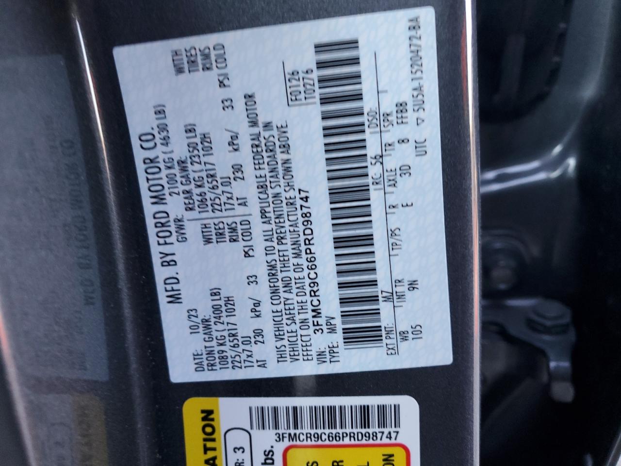 2023 FORD BRONCO SPORT OUTER BANKS VIN:3FMCR9C66PRD98747