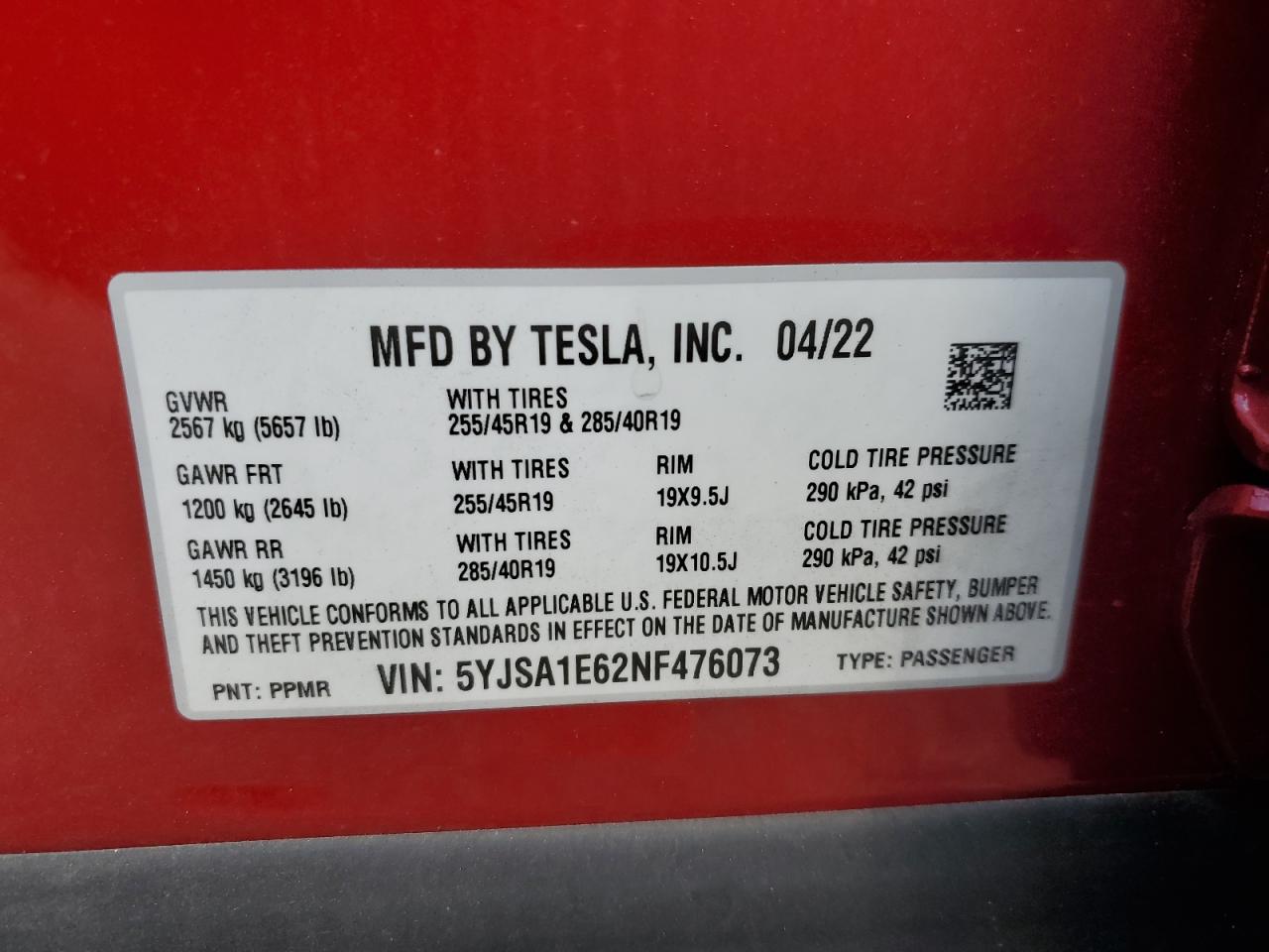 2022 TESLA MODEL S  VIN:5YJSA1E62NF476073