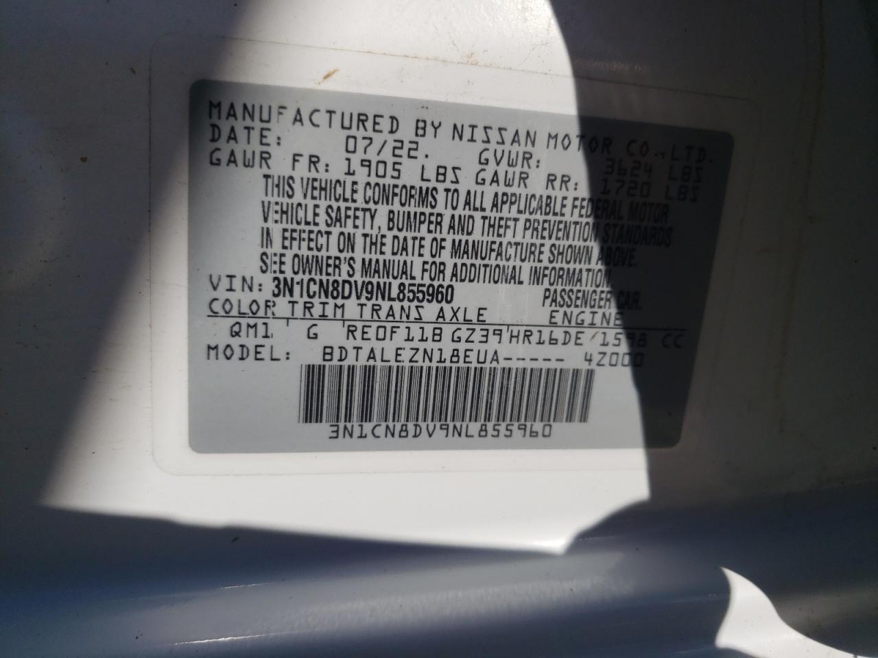 2022 NISSAN VERSA S VIN:3N1CN8DV9NL855960