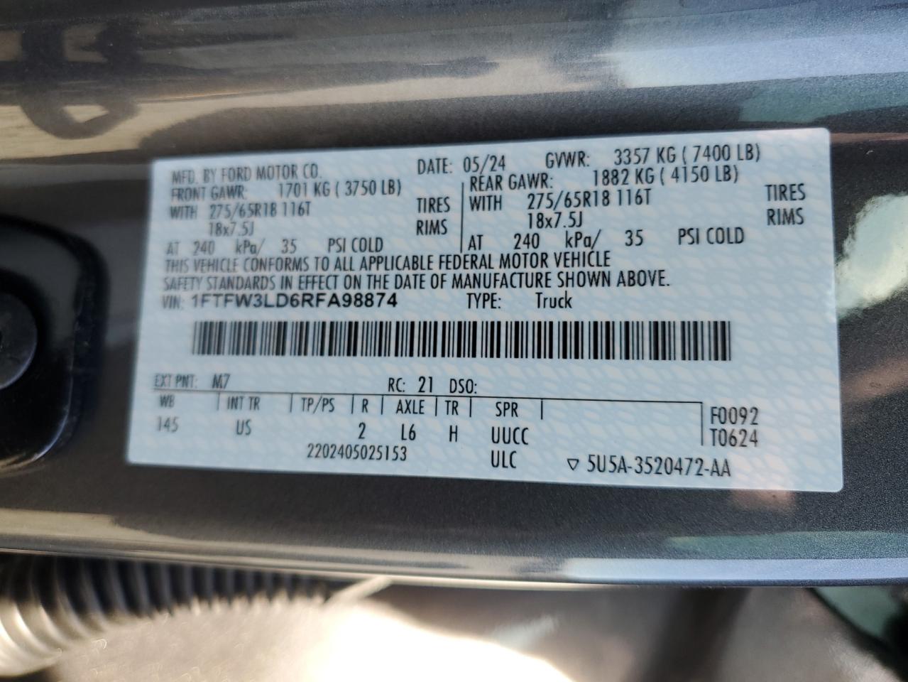 2024 FORD F150 XLT VIN:1FTFW3LD6RFA98874