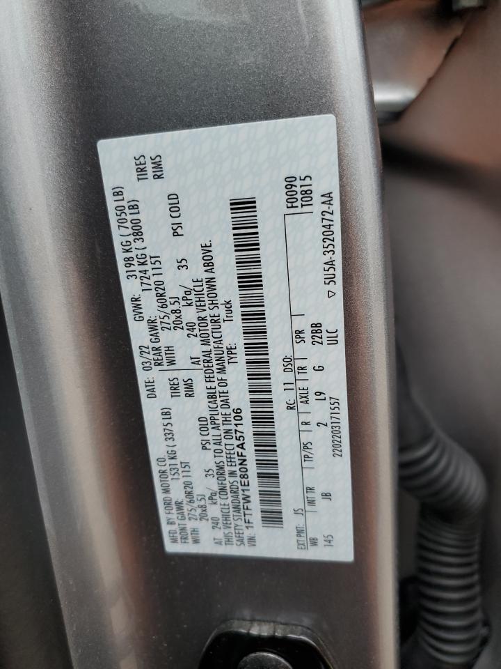 2022 FORD F150 SUPERCREW VIN:1FTFW1E80NFA57106