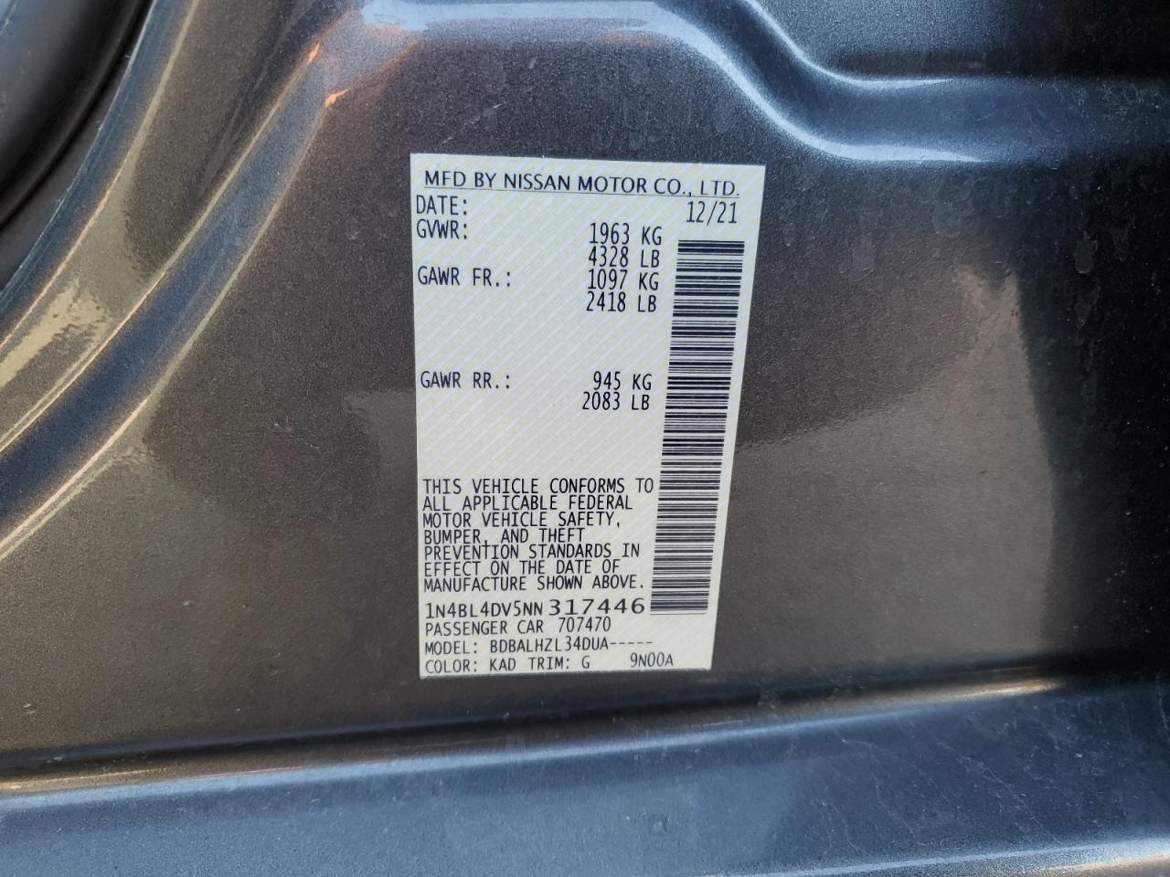 2022 NISSAN ALTIMA SV VIN:1N4BL4DV5NN317446