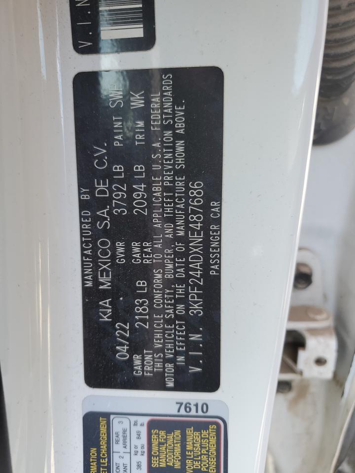 2022 KIA FORTE FE VIN:3KPF24ADXNE487686