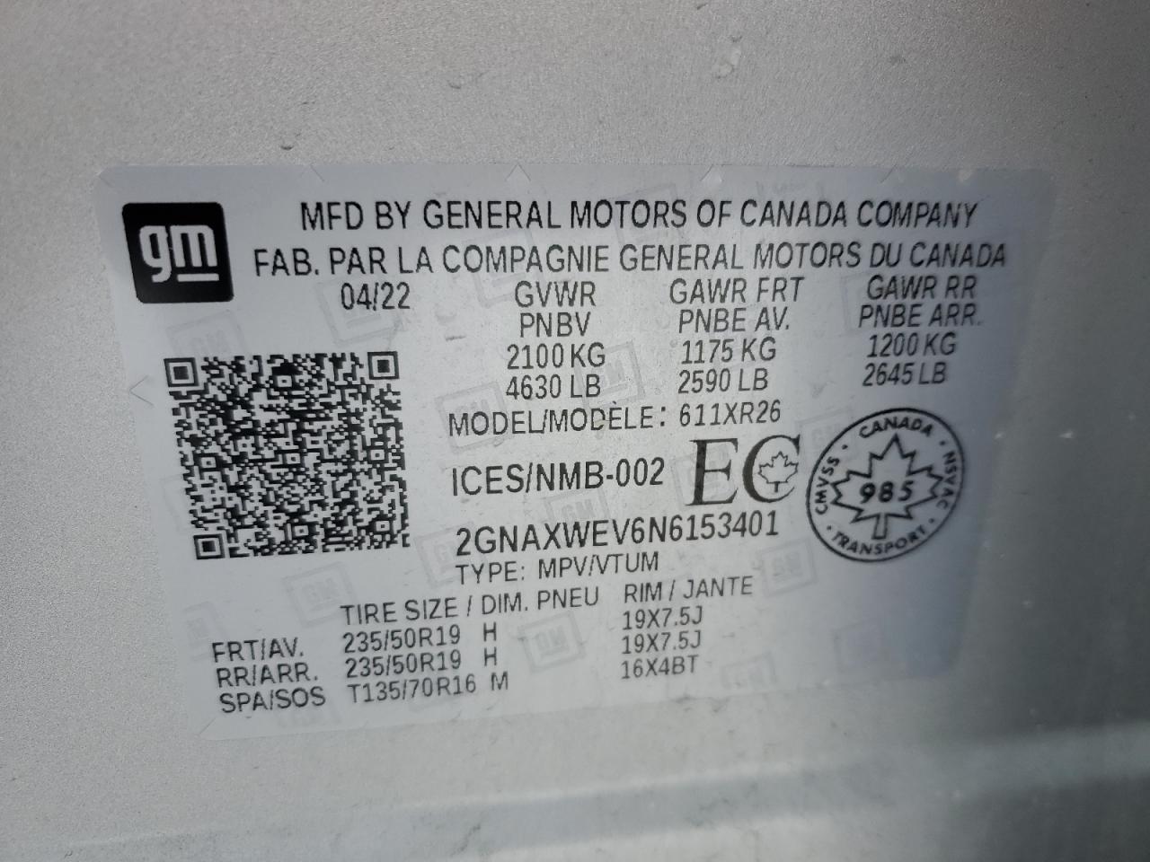 2022 CHEVROLET EQUINOX RS VIN:2GNAXWEV6N6153401