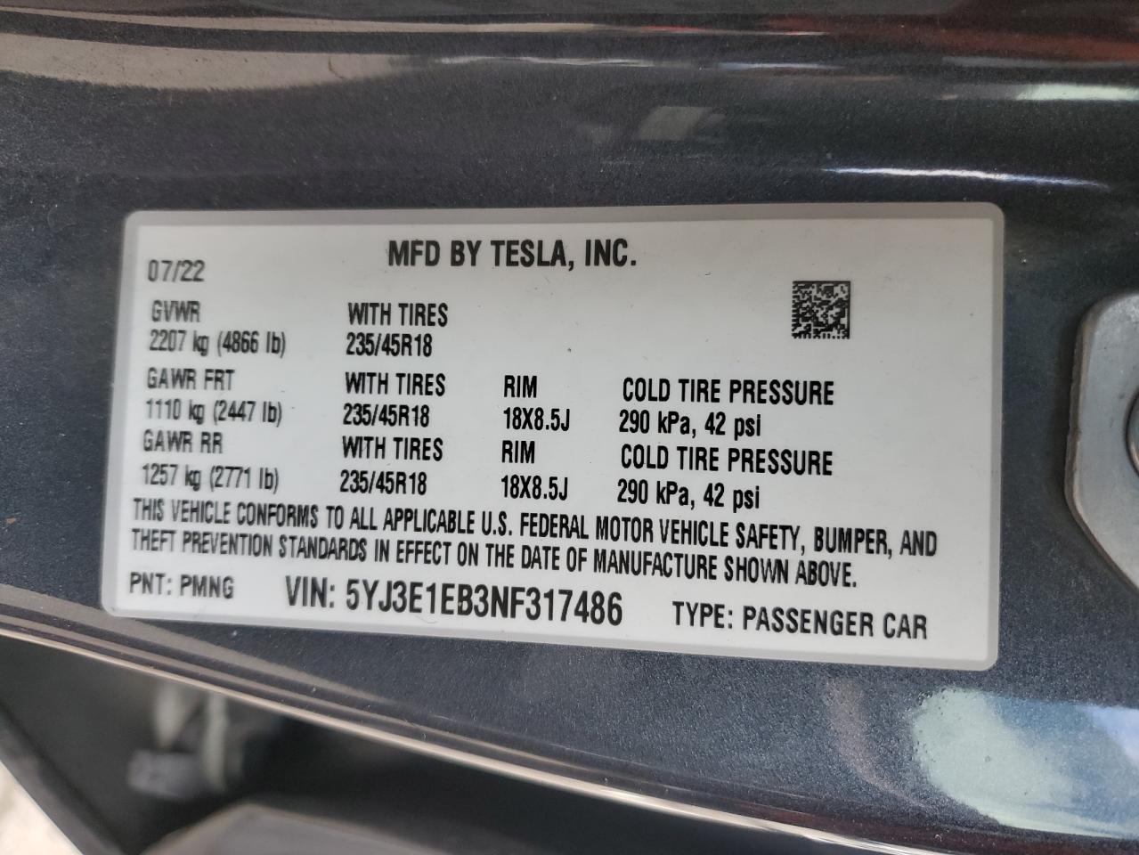2022 TESLA MODEL 3  VIN:5YJ3E1EB3NF317486