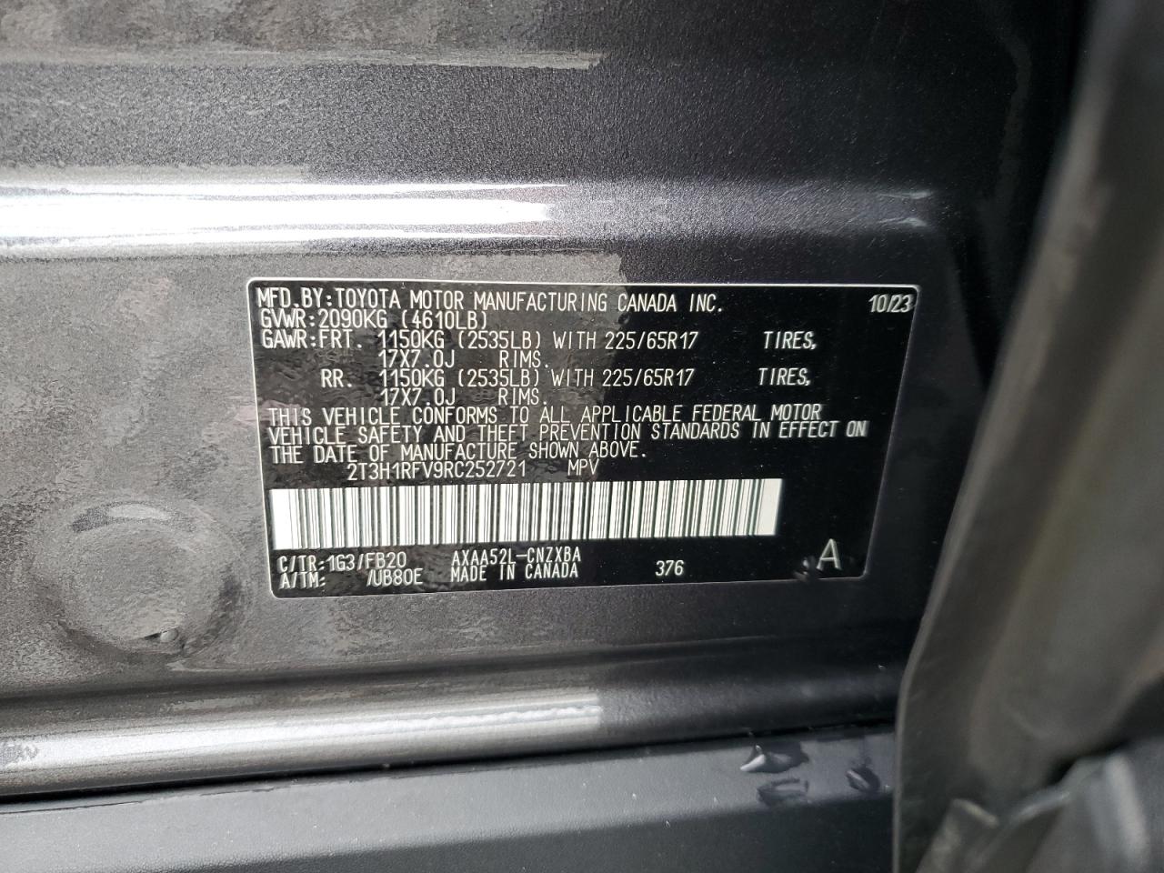2024 TOYOTA RAV4 LE VIN:2T3H1RFV9RC252721