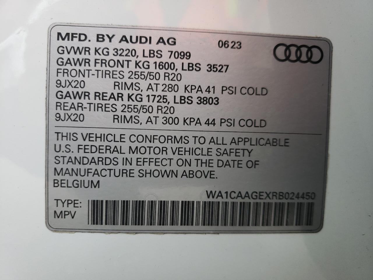 2024 AUDI Q8 E-TRON SPORTBACK PREMIUM PLUS VIN:WA1CAAGEXRB024450