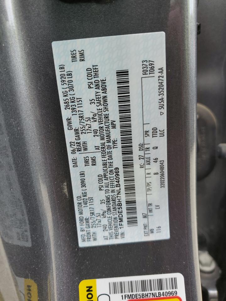 2022 FORD BRONCO BASE VIN:1FMDE5BH7NLB40969