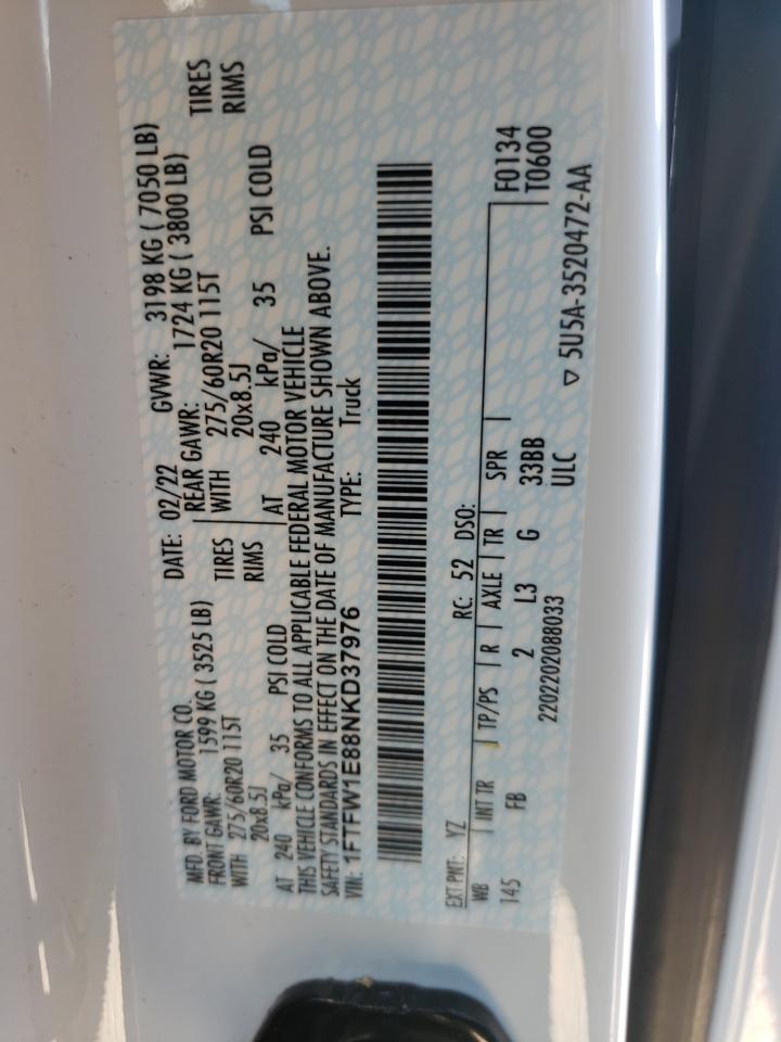 2022 FORD F150 SUPERCREW VIN:1FTFW1E88NKD37976