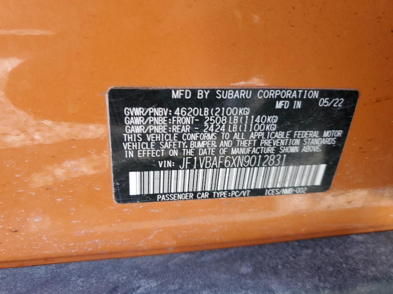 2022 SUBARU WRX PREMIUM VIN:JF1VBAF6XN9012831