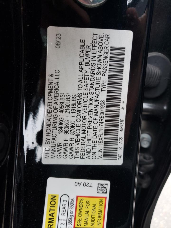 2024 HONDA CIVIC EXL VIN:19XFL1H74RE001908