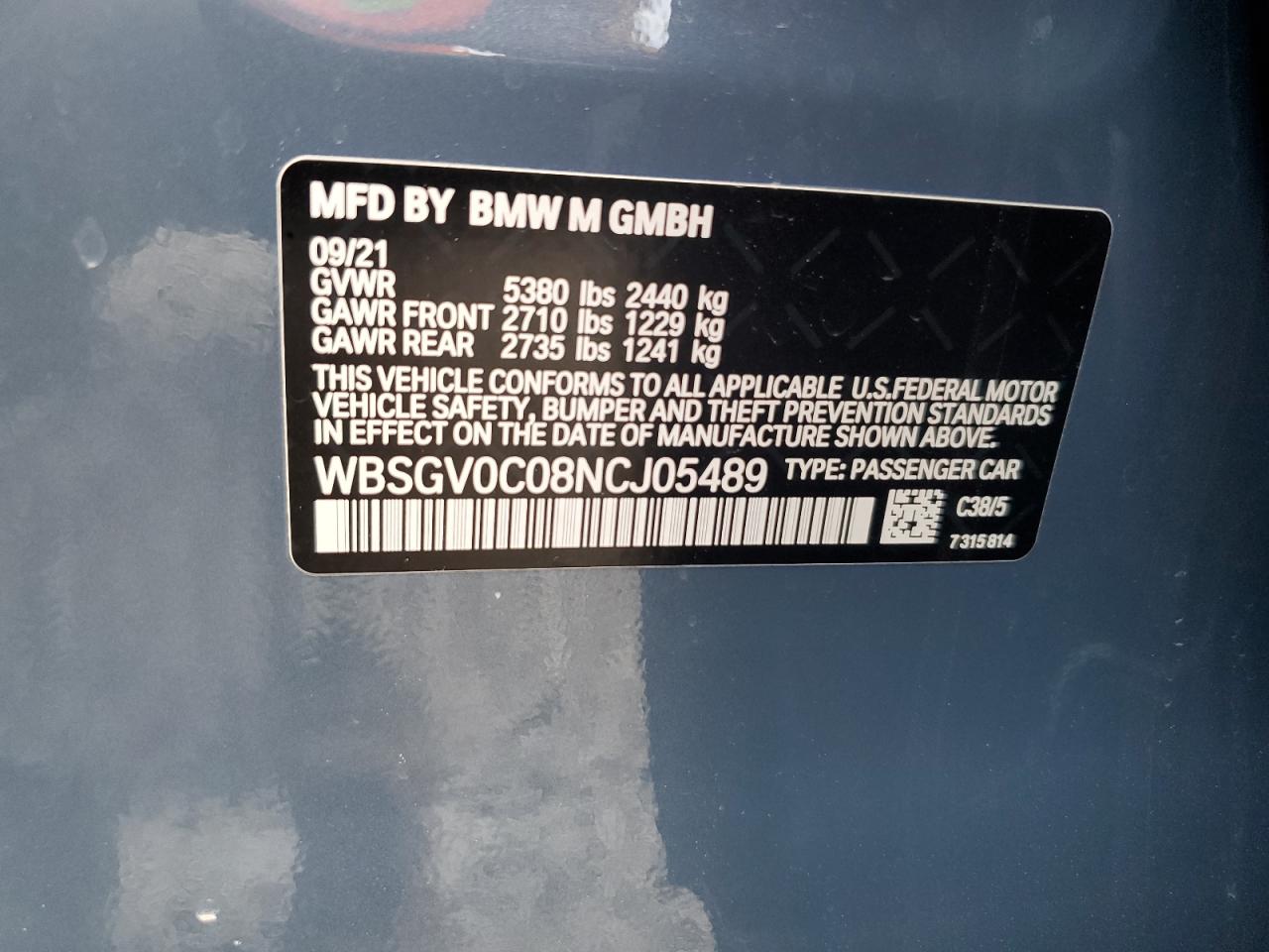 2022 BMW M8  VIN:WBSGV0C08NCJ05489