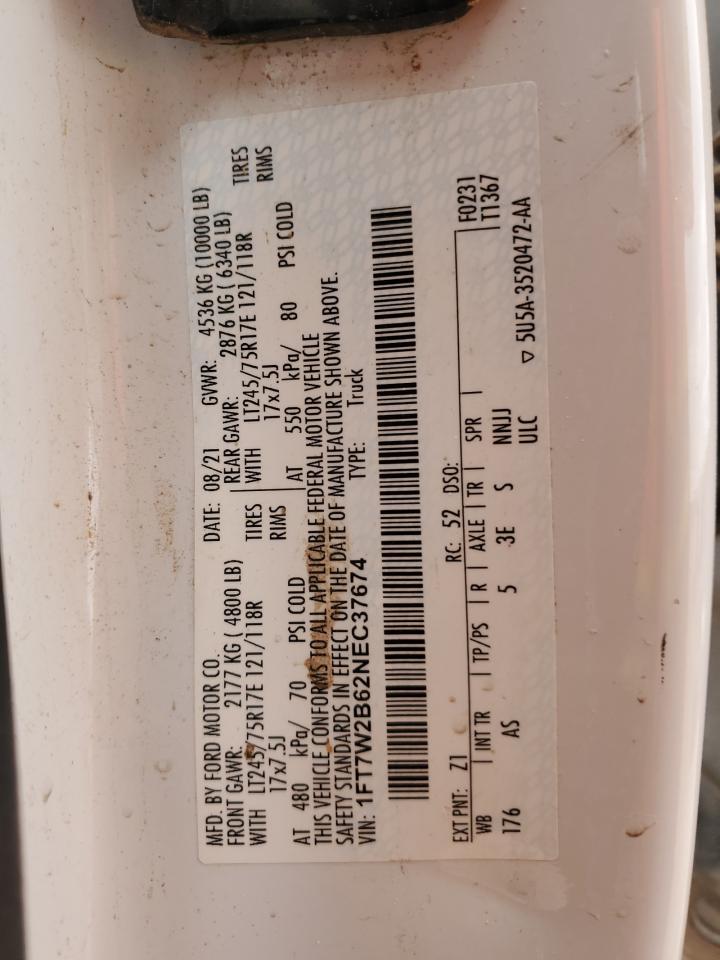 2022 FORD F250 SUPER DUTY VIN:1FT7W2B62NEC37674