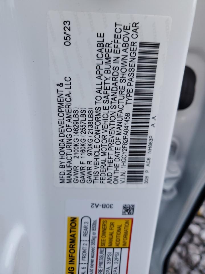 2023 HONDA ACCORD TOURING HYBRID VIN:1HGCY2F82PA041458