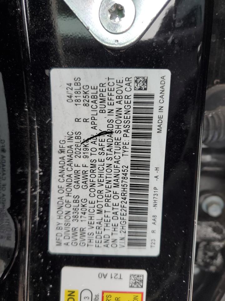 2024 HONDA CIVIC LX VIN:2HGFE2F24RH578452