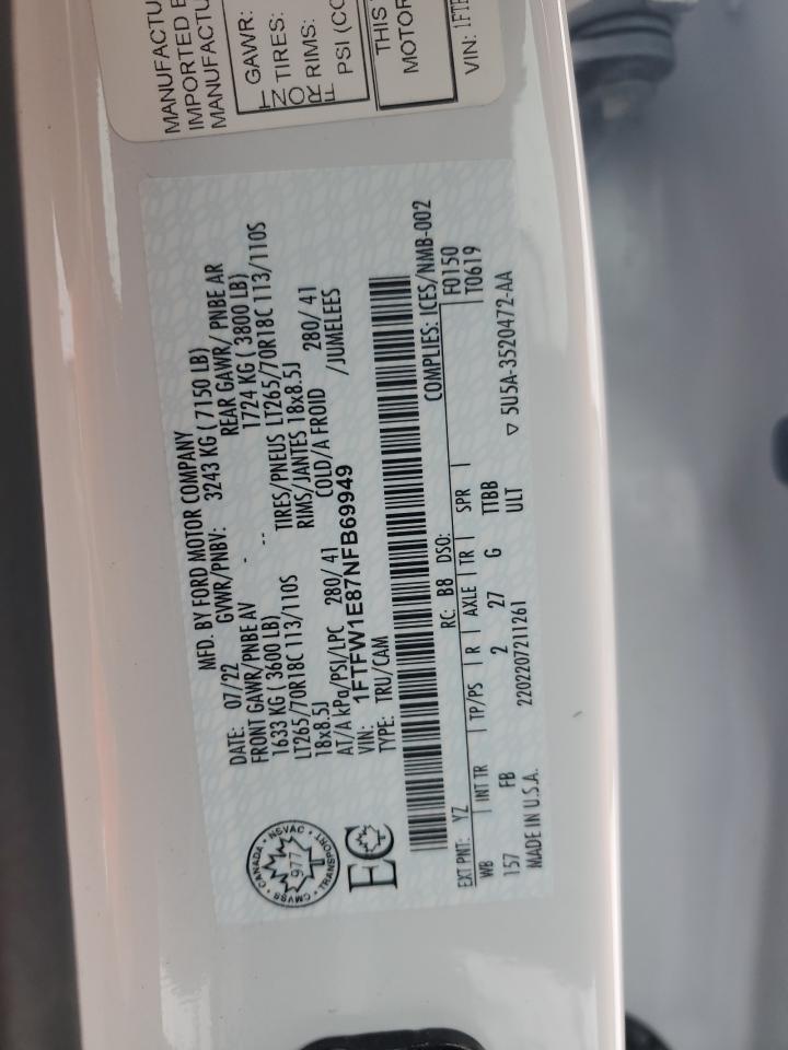 2022 FORD F150 SUPERCREW VIN:1FTFW1E87NFB69949