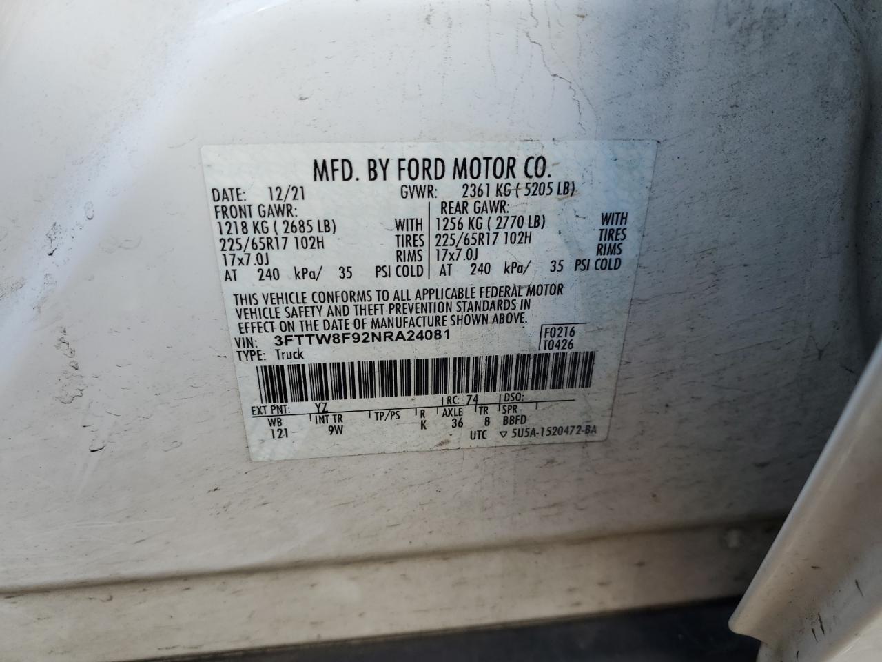 2022 FORD MAVERICK XL VIN:3FTTW8F92NRA24081