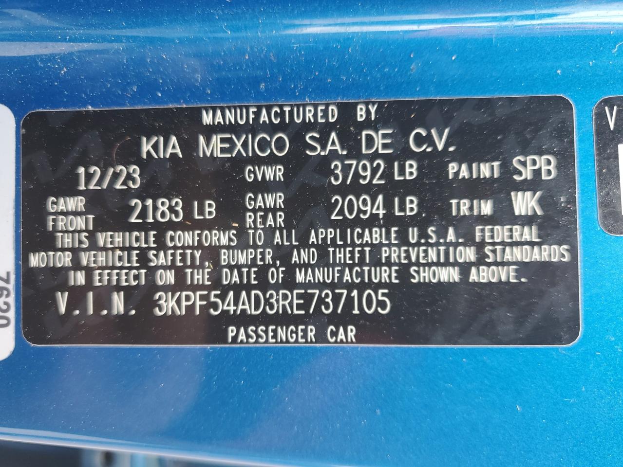 2024 KIA FORTE GT LINE VIN:3KPF54AD3RE737105