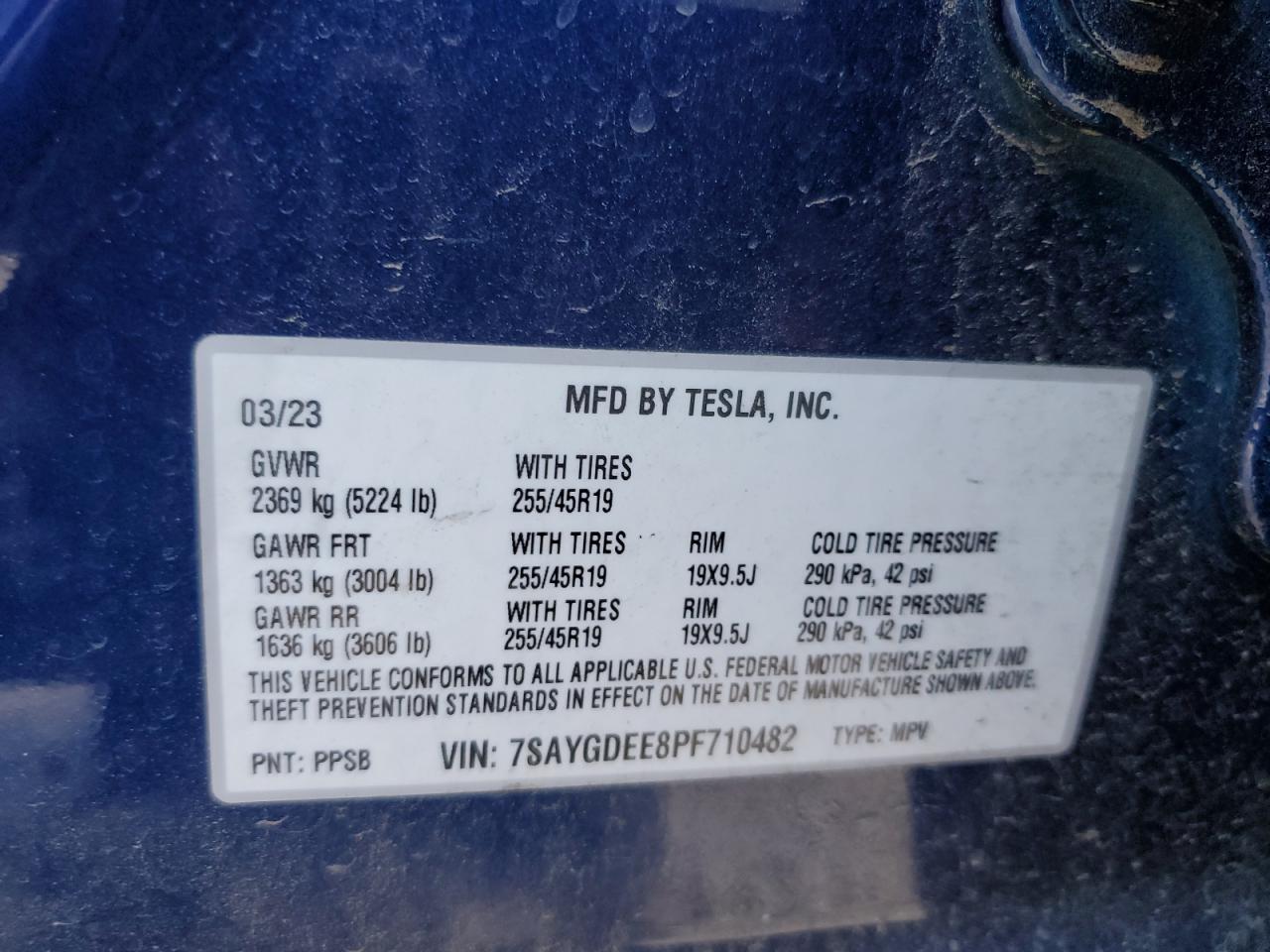 2023 TESLA MODEL Y  VIN:7SAYGDEE8PF710482