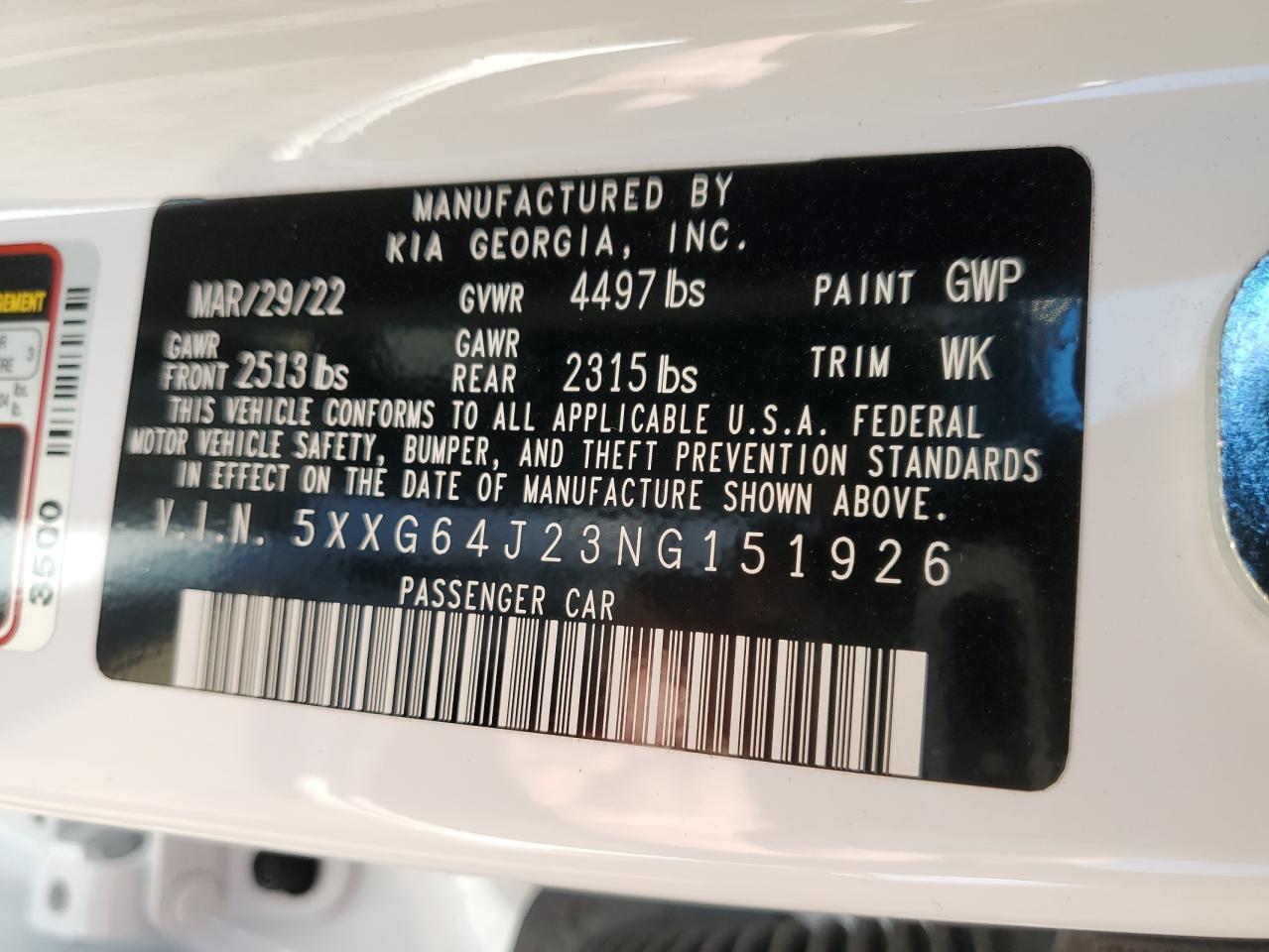 2022 KIA K5 GT LINE VIN:5XXG64J23NG151926