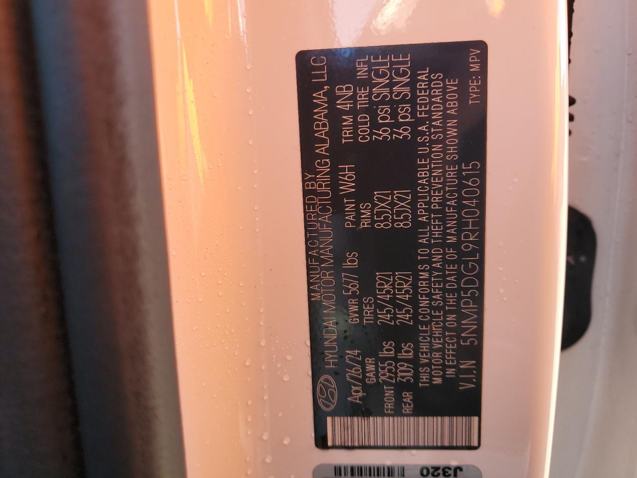 2024 HYUNDAI SANTA FE CALLIGRAPHY VIN:5NMP5DGL9RH040615