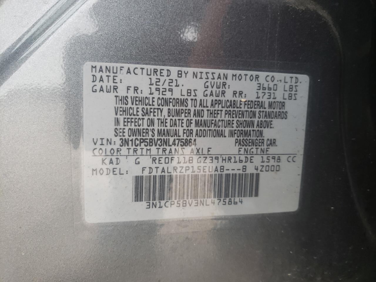 2022 NISSAN KICKS S VIN:3N1CP5BV3NL475864