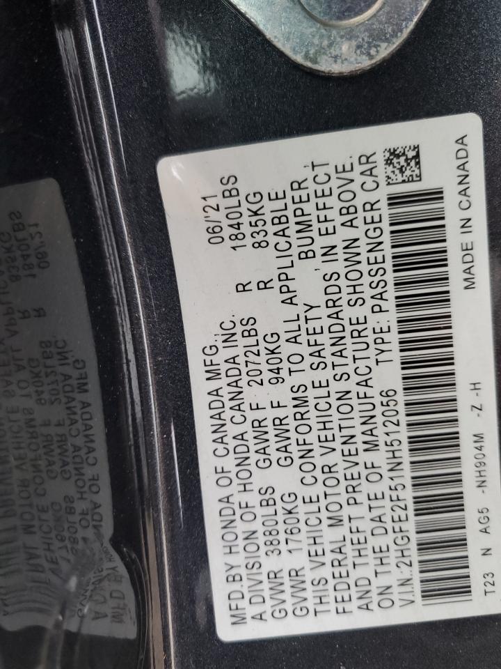 2022 HONDA CIVIC SPORT VIN:2HGFE2F51NH512056