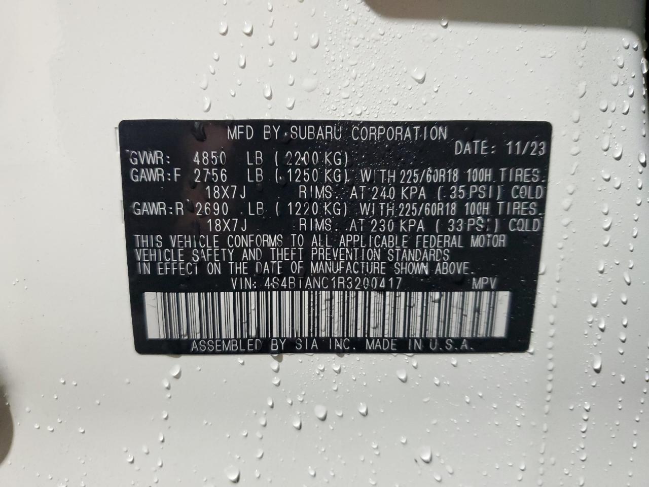 2024 SUBARU OUTBACK LIMITED VIN:4S4BTANC1R3200417