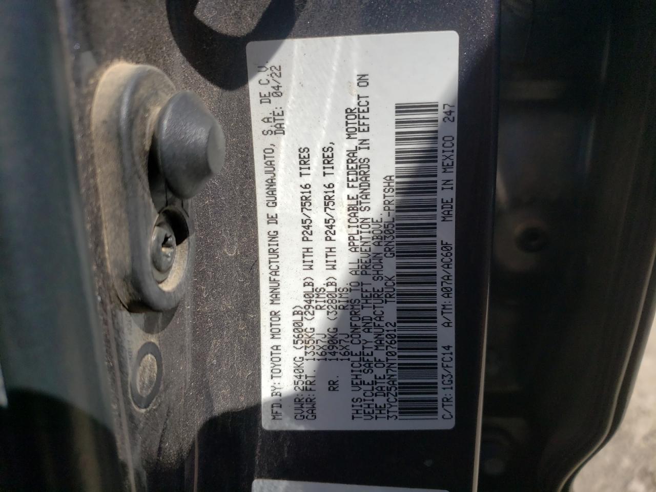 2022 TOYOTA TACOMA DOUBLE CAB VIN:3TYCZ5AN7NT076012