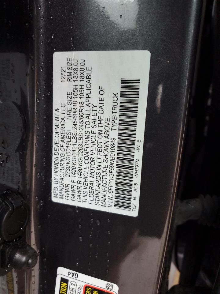 2022 HONDA RIDGELINE RTL VIN:5FPYK3F59NB010849