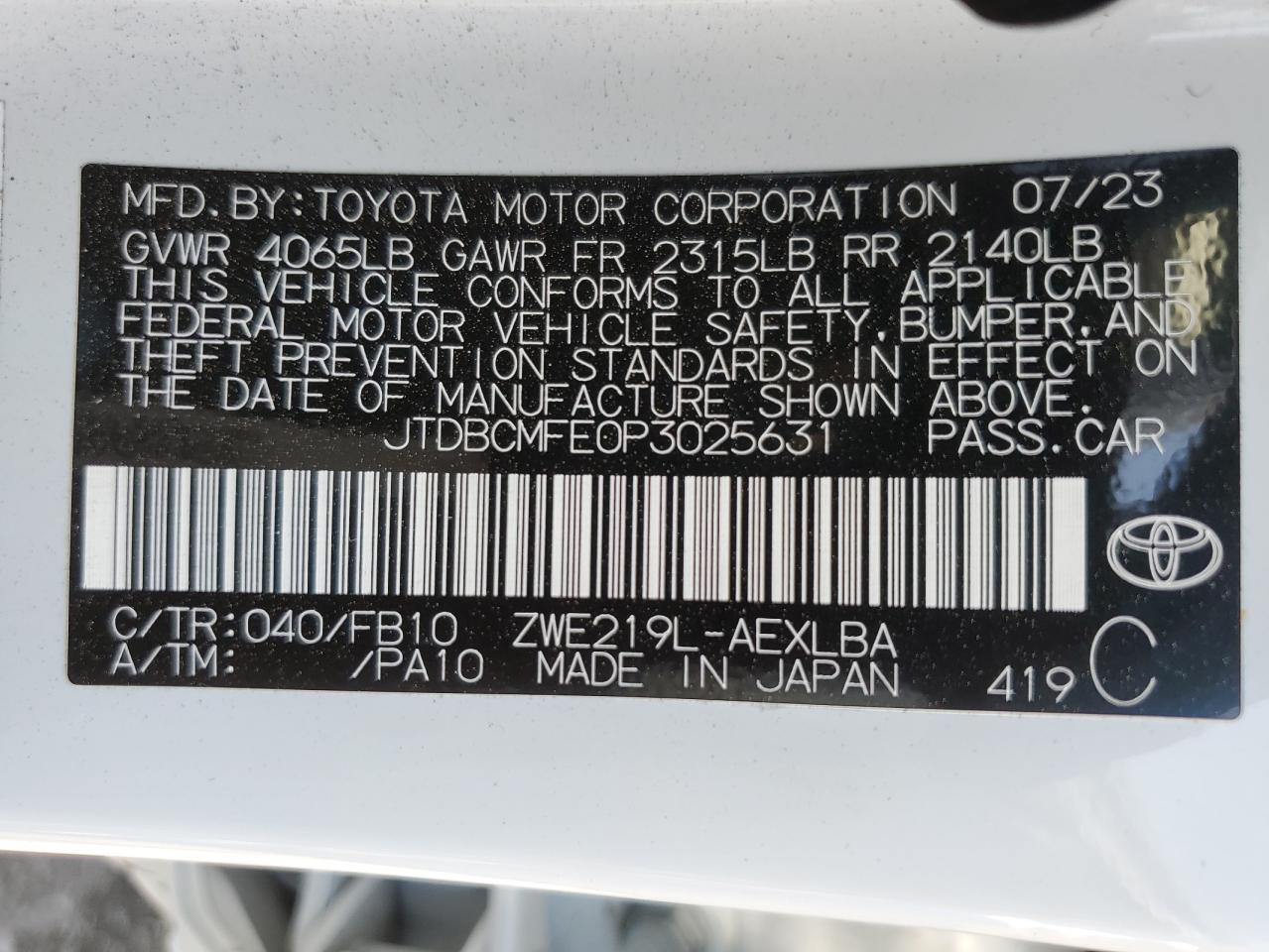 2023 TOYOTA COROLLA LE VIN:JTDBCMFE0P3025631