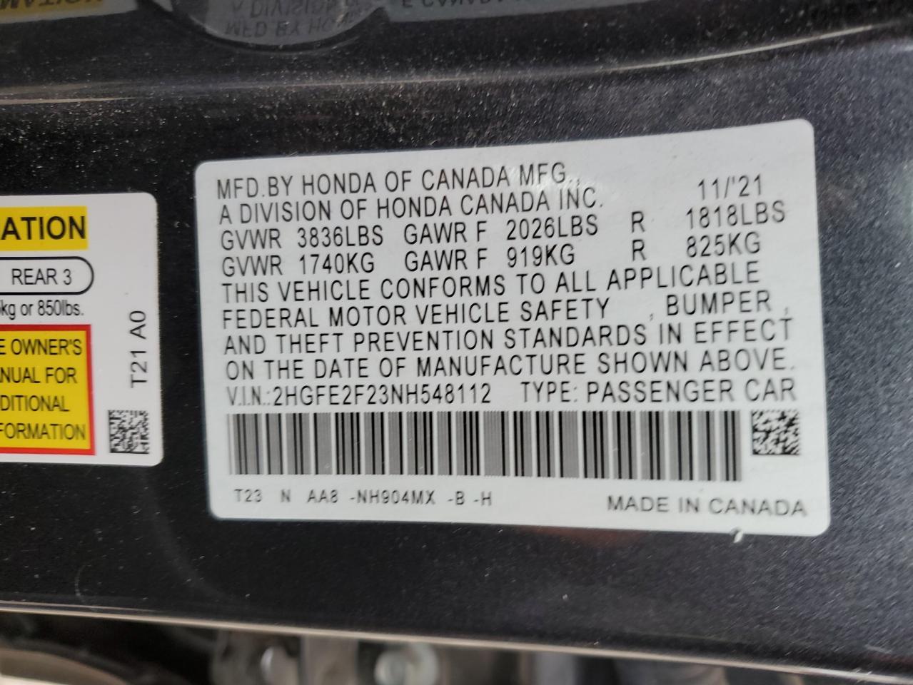 2022 HONDA CIVIC LX VIN:2HGFE2F23NH548112