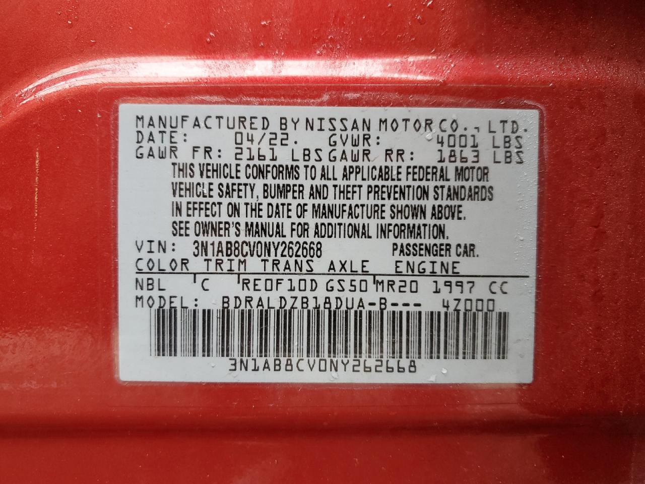2022 NISSAN SENTRA SV VIN:3N1AB8CV0NY262668