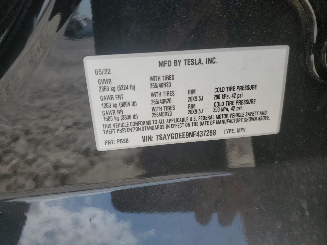 2022 TESLA MODEL Y  VIN:7SAYGDEE9NF437288