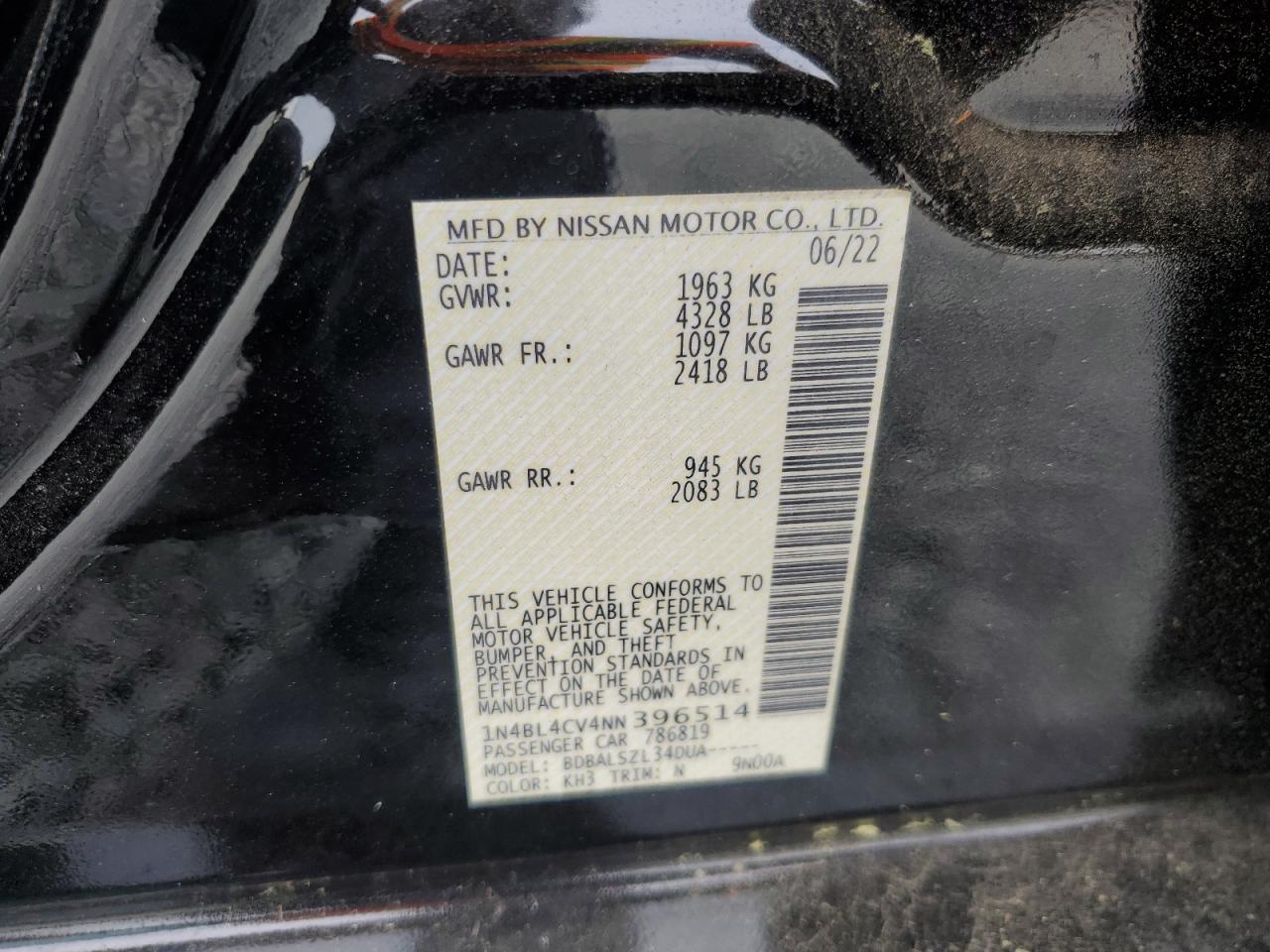 2022 NISSAN ALTIMA SR VIN:1N4BL4CV4NN396514