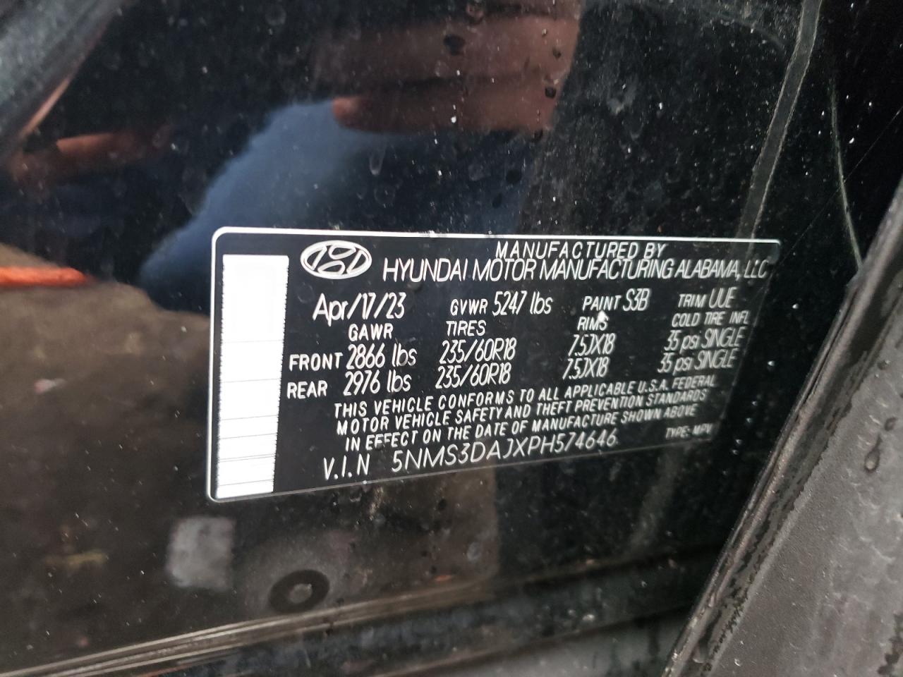 2023 HYUNDAI SANTA FE SEL PREMIUM VIN:5NMS3DAJXPH574646