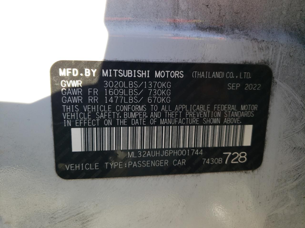 2023 MITSUBISHI MIRAGE ES VIN:ML32AUHJ6PH001744