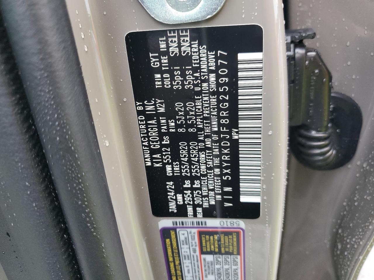 2024 KIA SORENTO SX VIN:5XYRKDJF8RG259077