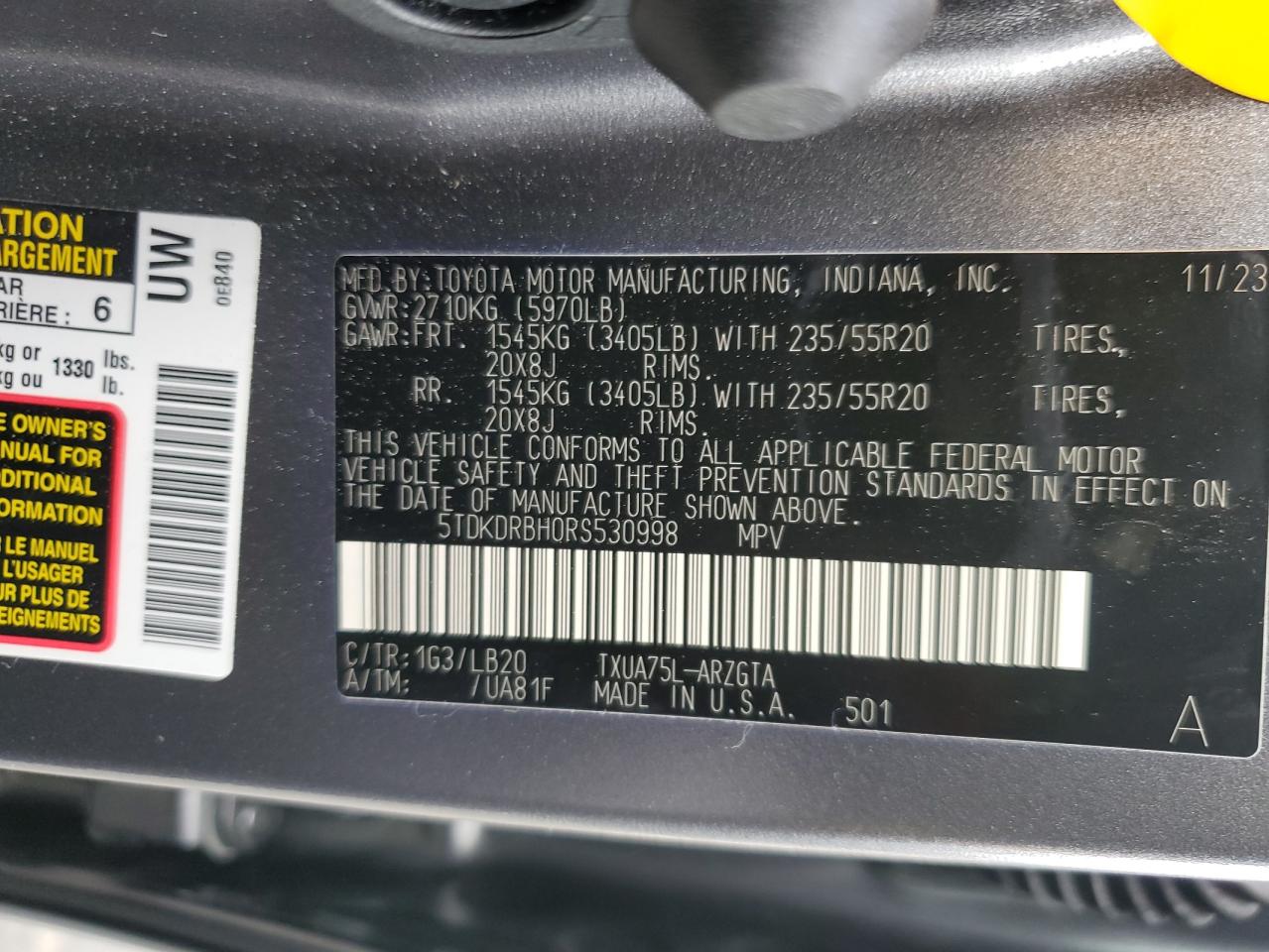 2024 TOYOTA HIGHLANDER LE VIN:5TDKDRBH0RS530998